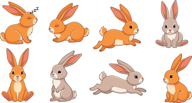 Cute Cartoon Rabbit Characters Set Featuring Different Poses, Emotions, and Actions for Children&rsquo;s Books, Educational Materials, Stickers, and Animation Design