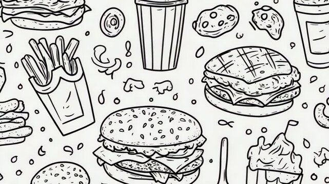selective focus seamless fast food doodle pattern in minimalist style