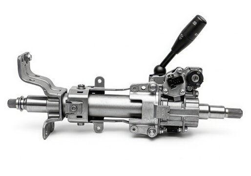 Power steering gear assembly with attached steering column and wheel