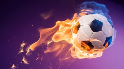 Naklejka premium Blazing Soccer Ball for 2026 Football World Cup with Dynamic Flames and Sparkles on Purple Background