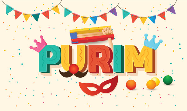 Happy Purim with 3d text design, Carnival masks Purim banner template design