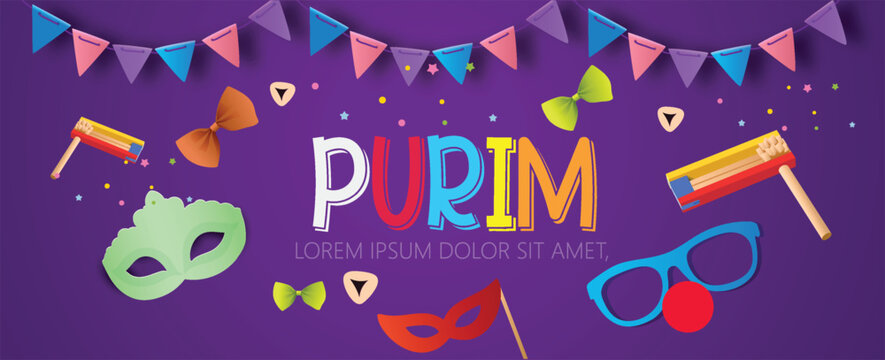 Happy Purim with 3d text design, Carnival masks Purim banner template design