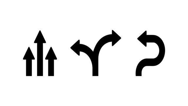 Set of black directional arrows showing forward, diverging, and turning path choices vector illustration