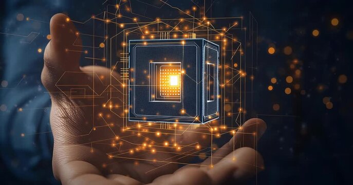 Digital Quantum Processor Expand in Hand, Futuristic Tech Concept