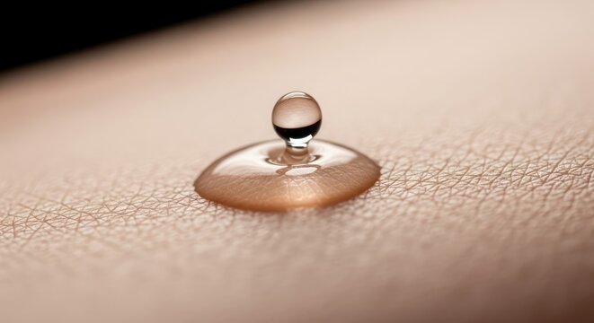 Magnified hydration: A single droplet rests on human skin revealing texture and moisture retention