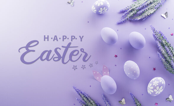 Easter party concept. Top view of easter bunny ears and colorful eggs on pastel background with copyspace for the text.