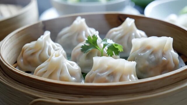Perfectly steamed savory dumplings arranged in a traditional bamboo steamer, showcasing delicate textures and fresh garnishes.