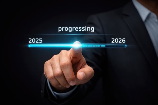 Business Progress Visualization: A corporate figure in a polished suit interacts with a futuristic, digital interface, highlighting progress towards 2026.