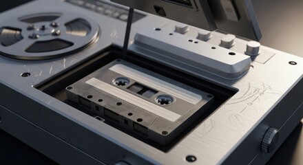 Obraz premium Vintage audio cassette tape player with reel, embodying nostalgic analogue technology