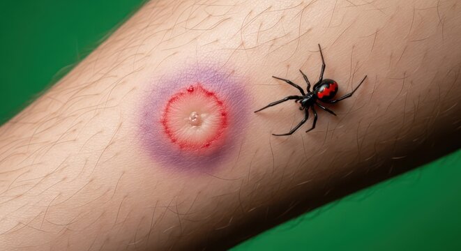 Dramatic close-up illustrating the bite mark and venom effects of a venomous black widow spider on