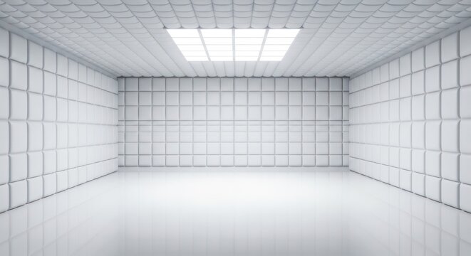 Monochromatic padded cell interior exhibiting glossy flooring and soft diffused illumination from
