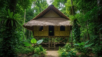 Secluded tropical dwelling immersed within a vibrant and verdant forest haven of trees