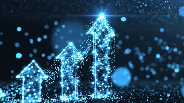 Digital growth arrows progressing upward with glowing network particles