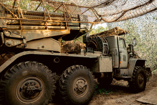 Military truck with rocket launch system. Multiple launch rocket system GRAD. Soviet and Russian multiple launch rocket systems.