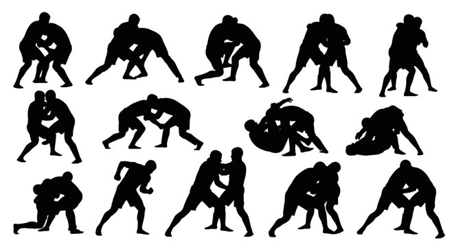 Silhouettes of Wrestlers in Dynamic Action Poses Showcasing Motion and Intensity in Sport.