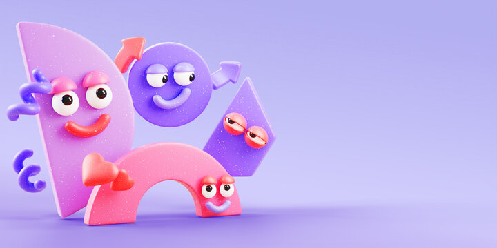 Back to school 3D background with geometric shape characters. Cute funny circle, semicircle, trapezoid with face emotions, heart, arrow, spiral lines. Purple education banner template. 3D illustration