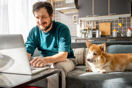 Portrait of smiling man sitting on couch at home using laptop