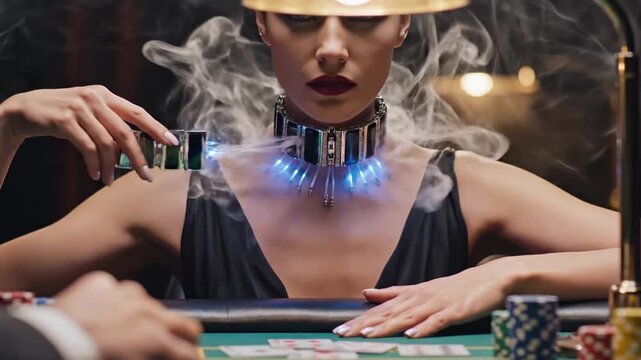 Woman cheating at poker game with electronic device around neck.