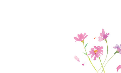 水彩画。水彩タッチの春のピンクと黄色の花イラスト。水彩のベクター植物フレーム。