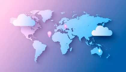 Fototapeta premium Global Connectivity Concept with Layered World Map, Cloud Computing, and Location Markers