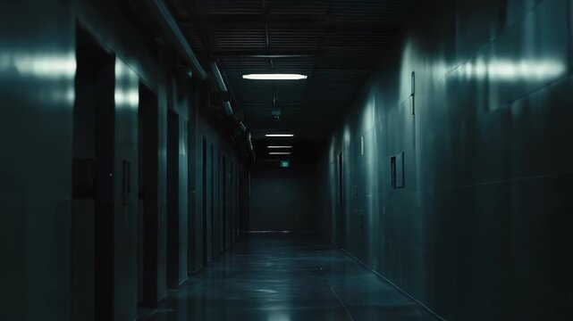 Empty dim institutional hallway lined with glowing fluorescent lights, creating a cold, eerie atmosphere for horror, mystery, abandoned hospital or asylum concepts