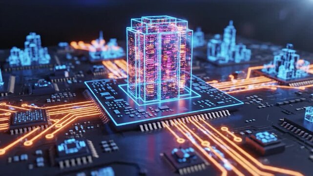 Futuristic data center and circuit board with glowing connections digital technology concept