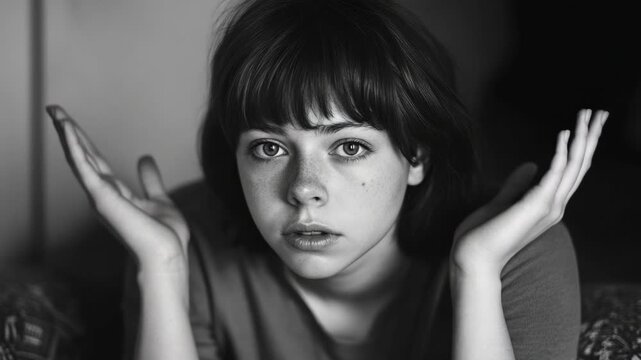 Male/female young adult looking contemplative with eyes closed, hands on face in a modern style portrait. Black and white video, monochrome texture, subdued lighting.