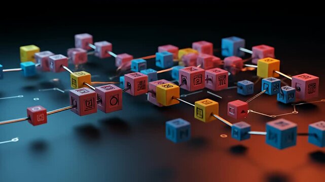 Interconnected cubes of different colors and unique icons, set on a reflective surface