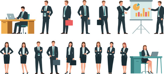 Group of business people in suits standing and working in an office environment with laptops and presentation charts