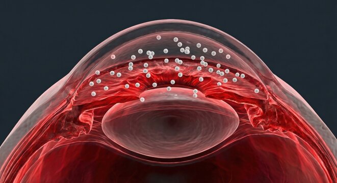 3D render of uveitis eye inflammation with white blood cells