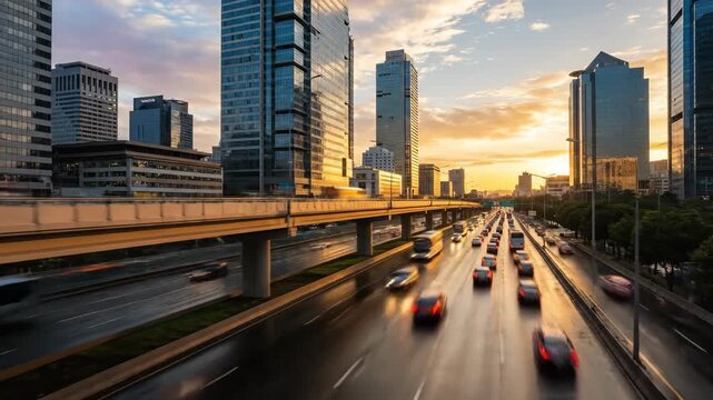 Green screen billboard over busy city highway at sunset.