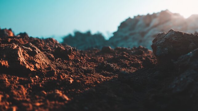 Close-up view of dry, clumpy soil with rocky textures and a distant landscape under a bright sky