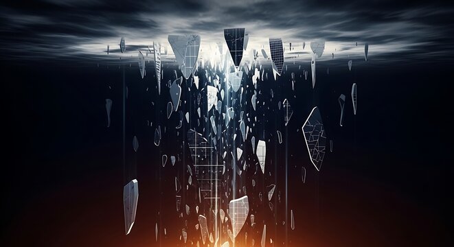 A futuristic cityscape with abstract shapes and dark atmosphere viewed from a low angle jph (567).jpg