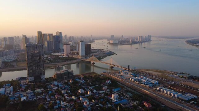 Aerial view of the Koh Pich Bridge in Phnom Penh, Cambodia Southeast Asia
