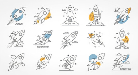 Collection of stylized rocket ship illustrations in various launch and flight poses. © sevika