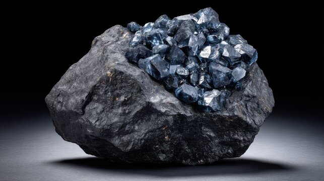 Clusters of dark, lustrous crystals adorning a rough, volcanic rock surface, showcasing natural geological beauty and elemental composition