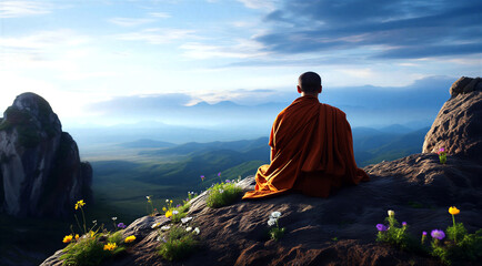Fototapeta premium Buddhist monk meditating on a mountain peak with scenic landscape view