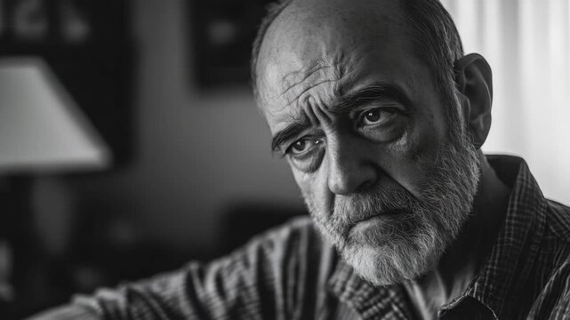 Portrait of man with beard, looking contemplative.