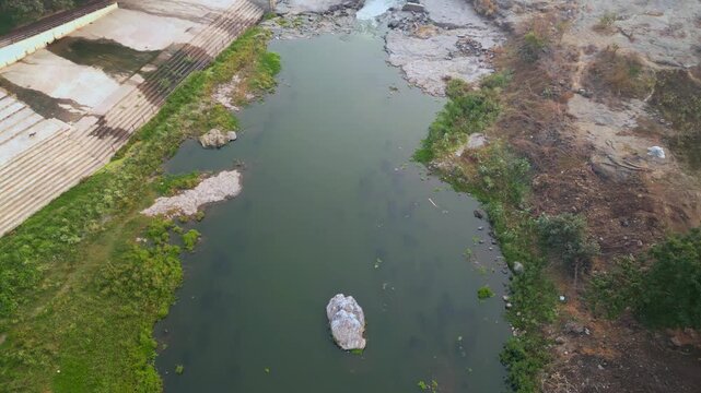 Aerial view of the Godavari River in Nasik, Maharashtra, winding through rocky banks, surrounded by lush greenery, capturing the serene flow and rugged natural beauty of this sacred landscape