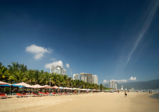 view of my khe beach tourist area in danang vietnam on sunny day