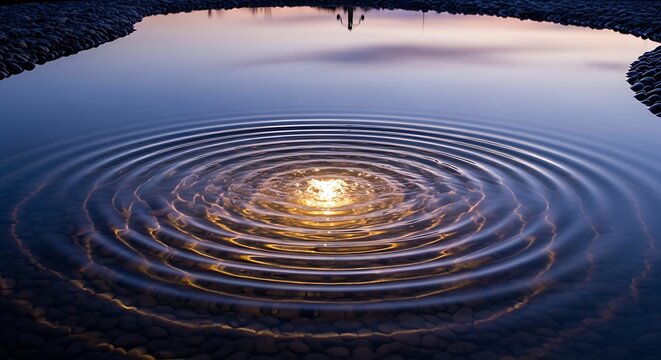 Ripples on serene water surface with golden light reflection from above, capturing a moment of tranquility and natural beauty in a photograph