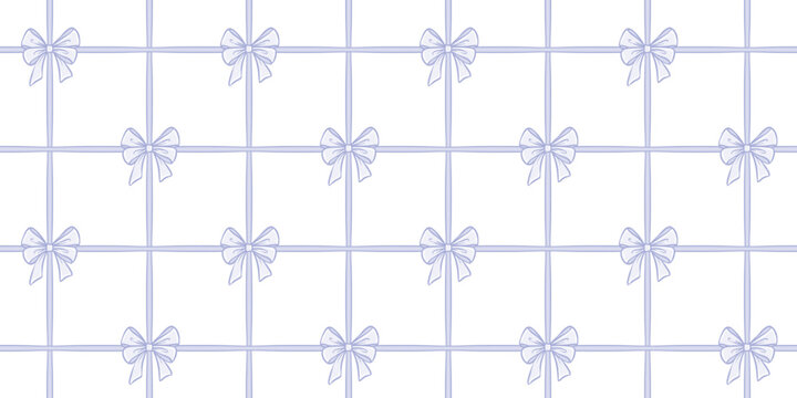 Cute light blue gingham check plaid ribbon with bows seamless repeat pattern background