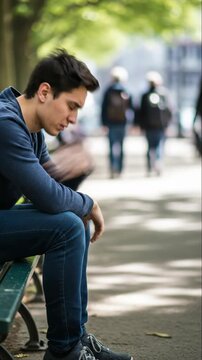 Young man experiencing profound emotional distress and silent struggle, grappling with depression or anxiety in a bustling urban environment, feeling isolated and overwhelmed