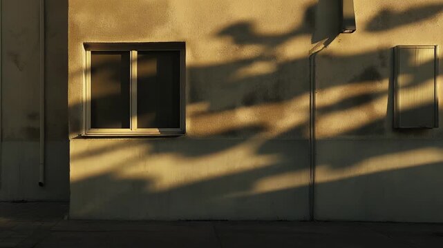 Urban building facade showcasing a window and drainpipe, casting long shadows on the street below, highlighting textures and architectural details under warm evening light