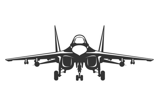 Vector illustrations MiG-35 fighter jet in black and white color from ahead. Silhouette MiG-35 military aircraft design from front view. Monochrome drawing Soviet era combat aeroplane MiG-35.