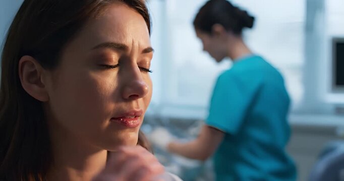 Sick Woman with Closed Eyes Experiencing Migraine Pain Indoors