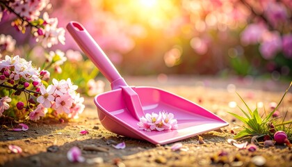 A set of plastic shovels and trowels is placed in the summer garden