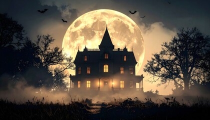 An illustration depicting a spooky Halloween night atmosphere: a haunted house in a dark forest with bats and the moon