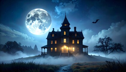 An illustration depicting a spooky Halloween night atmosphere: a haunted house in a dark forest with bats and the moon