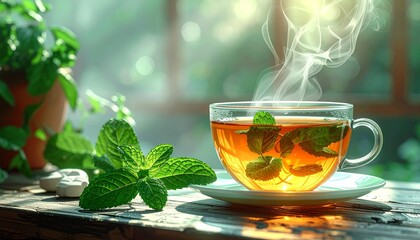 A warm porcelain teacup creates a delightful morning drink